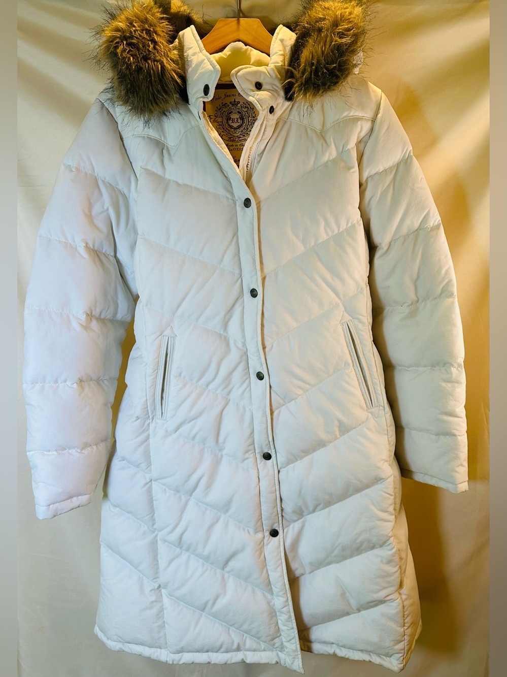 Polo Women's white long puffer Coat with Faux Fur detachable Hood- down blend